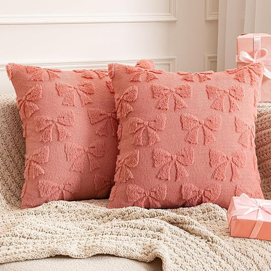 MIULEE Coral Red Bow Pillow Covers Coquette Room Decor Aesthetic Set of 2 Decorative Cute Girl Vlentine Pillow Covers Spring Soft Plush Faux Pillowcase for Preppy Room Decor Bedroom Couch,20x20 Inch