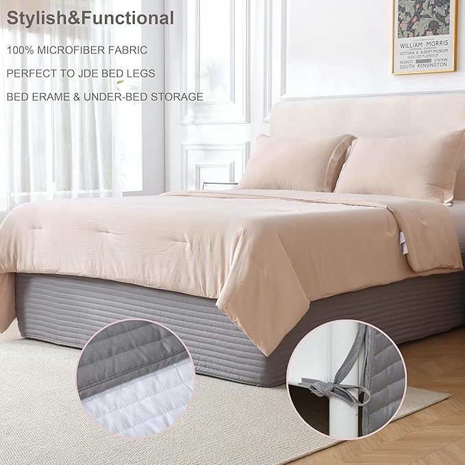 Queen Size Gray Bed Skirt with 14-Inch Drop, Easy Fit Wrap-Around Cover for Bed, Wrinkle-Free and Fade-Resistant Box Spring Cover.(Gray Stripes, Queen)