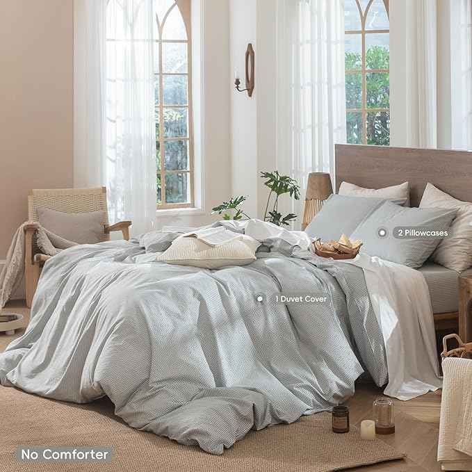 MooMee Striped Duvet Cover Set 100% Washed Cotton Linen Like Textured Breathable Durable Soft Comfy (Heathered Green Pinstripes, Oversized Full 82"x86")
