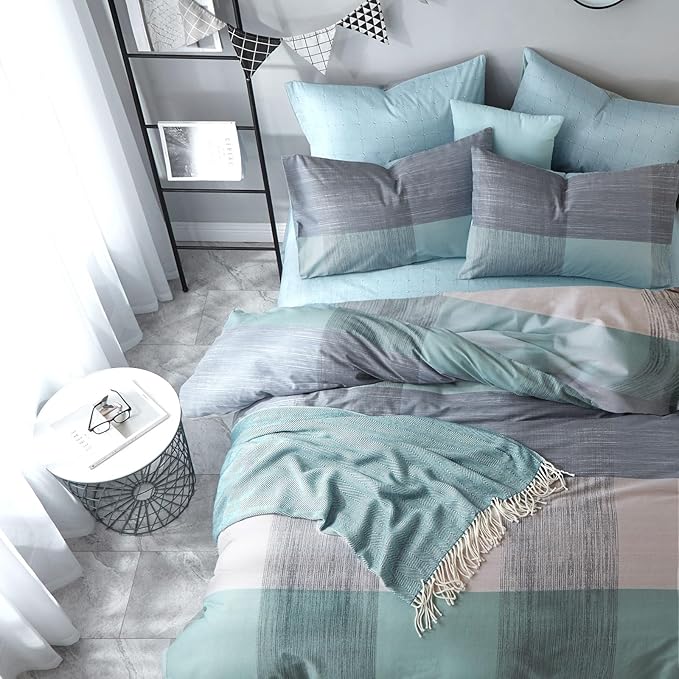 VM VOUGEMARKET Cotton Modern Duvet Cover Set Blue Green Multi-Dimensional Patchwork Design Simple Luxury Cool 3 Pieces King Bedding Set-No Comforter