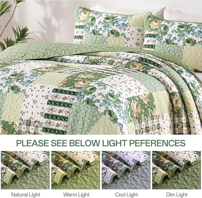 Anibedding Patchwork Quilt Set Queen Size Sage Green Floral Bedspread Coverlet Set, Green Rustic Plaid Quilted Bedding Set, Soft Microfiber Farmhouse Bedding Set for All Season