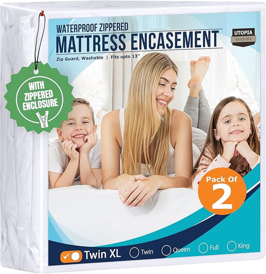 Utopia Bedding Mattress Protector Zippered Twin XL Size (Pack of 2), 100% Waterproof Bed Bug and Dust Mite Proof Mattress Encasement, Absorbent 6 Sided Mattress Cover