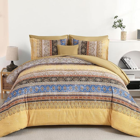 Cottolester Boho King Size Comforter Set 8 Pieces, Yellow Bohemian Striped Bed in a Bag, Paisley Soft Microfiber Bedding Comforter Set