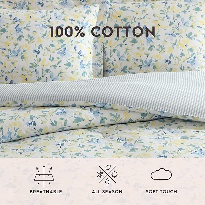 Laura Ashley - Twin Comforter, Soft Reversible Bedding Set, Includes Matching Shams with Bonus Euro Shams & Throw Pillows, Dorm Room Essentials (Nora Blue, Twin)