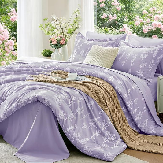 MUXHOMO Lavender Purple Full Comforter Set, Elegant Floral Print Bed in a Bag 7 Pieces, Ultra Soft & Breathable Reversible Botanical Pattern Bedding Set with Comforter, Sheets, Pillowcases, and Shams