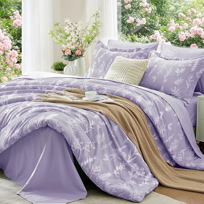 MUXHOMO Lavender Cal King Comforter Set, Elegant Floral Print Bed in a Bag 7 Pieces, Ultra Soft & Breathable Reversible Botanical Pattern Bedding Set with Comforter, Sheets, Pillowcases, and Shams