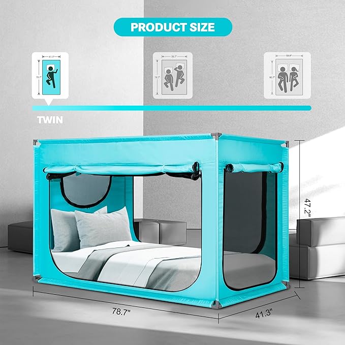 Twin Bed Canopy Portable Blackout Bed Tent Privacy Tent for Adult Indoor Sleeping with 3 Doors, Storage Bag, Teal