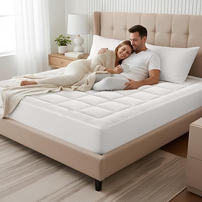 OLANLY Twin XL Quilted Fitted Mattress Pad, Elastic Fitted Mattress Topper, Cooling Soft Mattress Cover Stretches up to 21 Inches Deep, Machine Washable Mattress Protector (39x80 inch, Off White)