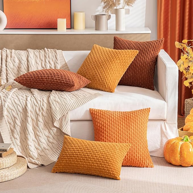 MIULEE Burnt Orange Throw Pillow Covers Soft Corduroy Decorative Set of 2 Boho Striped Pillow Covers Pillowcases Farmhouse Home Decor for Thanksgiving Couch Bed Sofa Living Room 18x18 Inch