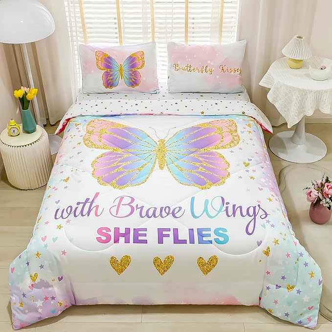 Cokouchyi Twin Size Comforter Set for Girls, 5-Piece Bed in a Bag, 3D Colorful Butterfly Bedding Comforter Sheet Set, Ultra Soft and Fluffy, Pink & Rainbow Color