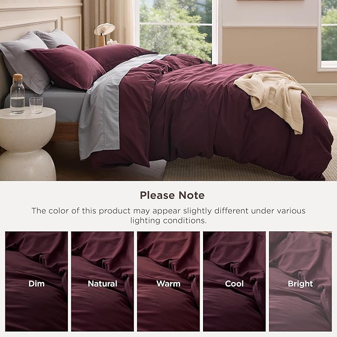 Bedsure 100% Washed Cotton Duvet Cover King Size - Burgundy Minimalist Cotton Duvet Cover Linen Like for All Seasons - GentleSoft™ Plain Simple Bedding (Burgundy, King, 104"x90")