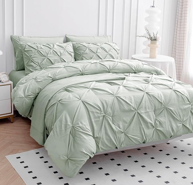 LANE LINEN Queen Comforter Set with Sheets - 7 Piece - Elegant Pintuck Stitch Design Bedding - with 1 Comforter, 2 Pillowcases & 2 Shams 1 Flat & a 14" Fitted Sheet - All-Season Everyday Use – Mineral | Soft microfiber, Year round comfort, Secure pocke...