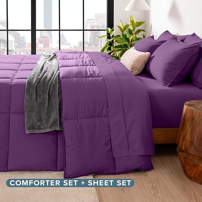 Bare Home Bed-in-A-Bag 5 Piece Comforter & Sheet Set - Twin - Goose Down Alternative - Ultra-Soft 1800 Premium Bed Set (Twin, Plum/Plum)