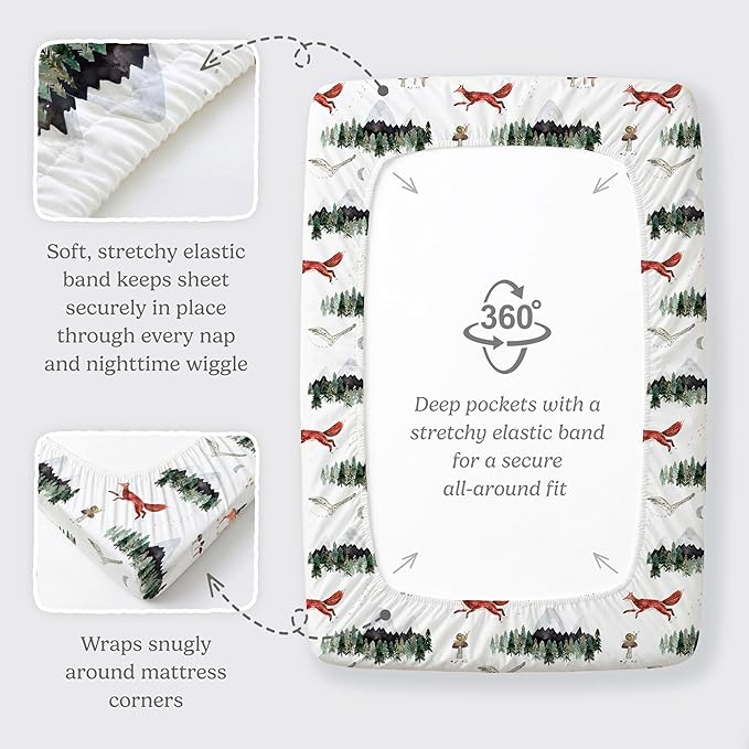 Pack and Play Sheets Fitted, Mini Crib Sheets for Graco Pack N Play Playard (38x26), Ultra Soft Organic Cotton Blend, Safe & Snug Playpen Mattress Sheet for Baby Boys & Girls – Starry Woodland, 2-Pack
