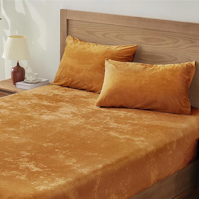 BEDELITE Velvet Fitted Sheet and Pillowcases Set, Luxury Soft Fuzzy Bottom Sheet with Reinforced Elastic Corner Straps, Deep Pocket up to 15 Inch, 1 Fitted Sheet and 2 Pillowcases (Full, Burnt Orange)