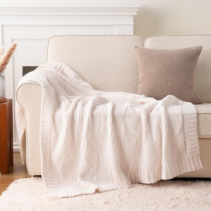 Battilo White Diamond Knit Throw Blanket for Couch and Bed, Ivory Soft Textured Chenille Blanket, Cozy Lightweight Decorative Blanket for Sofa, 50"x60"
