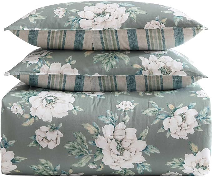 Laura Ashley - Twin Comforter Set, Premium Cotton Bedding with Matching Sham, Includes Bonus Decorative Pillow Covers, Floral Home Decor, Oeko-Tex Certified (Wisley Floral Green, Twin)
