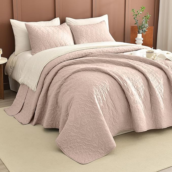 Lady Ann Oversized King Quilt 120x120,Camel Oversized King Bedspread with Leaves Pattern,3 Piece Lightweight Ultra Soft Farmhouse California King Coverlet Set for Extra Large Bed