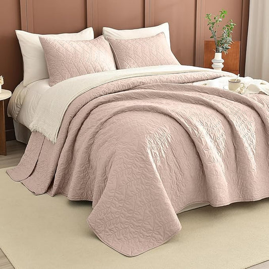 Lady Ann Camel Oversized Queen Bedspread 100x106, 3 Pcs Leaves Pattern Printed Oversized Queen Quilt Set for Extra Large Bed, Lightweight & Soft Farmhouse Bedspreads & Coverlets