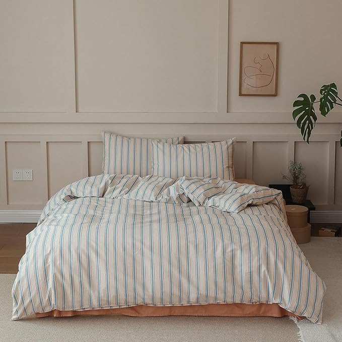 LifeTB Striped Comforter Set Queen Size, Fluffy Soft Blue Brown Stripes Pattern Printed Bedding Set, 3 Pieces Lightweight Bedding Comforter Set, Breathable Striped Bed Comforter with 2 Pillowcases