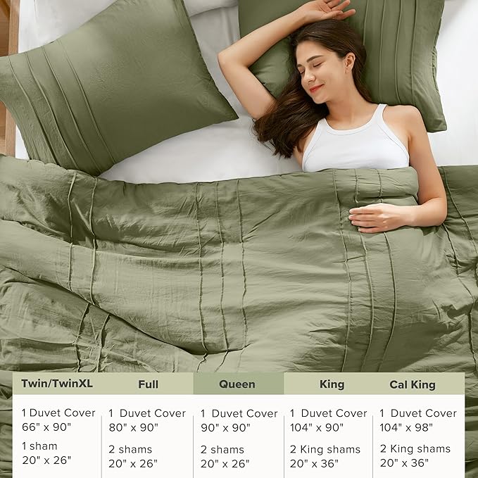 Comfort Spaces Olive Green Queen Size Duvet Cover Set - 3-pc Pintuck Pleated Duvet Cover Queen, All Season Lightweight, Extra Softness Pre-Washed Microfiber Queen Bed Cover Shams