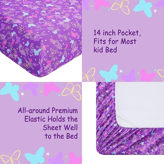 Kids Sheet Set Twin Size, Twin Sheet Set with Butterfly Unicorn Pattern，Breathable Silky Soft Microfiber Kids Fitted Sheet