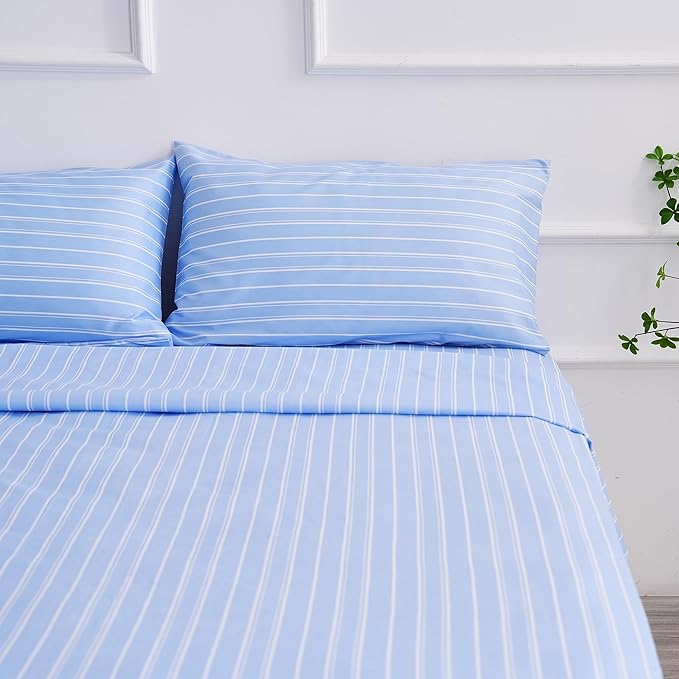 Queen Size Sheets Blue White Stripe 4 Piece Breathable & Cooling Bed Sheet Set - Hotel Luxury Bedding for Women, Men, Kids, Teens, Boys & Girls - Deep Pockets, Soft, Wrinkle Free - Blue Stripes