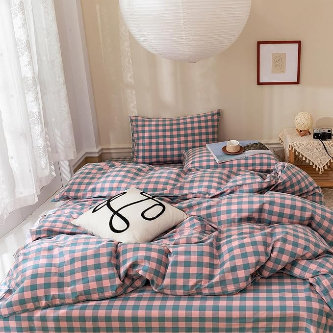 Queen Comforter Set Modern Style Checkered Pattern Comforter Purple Pink Plaid Bedding Comforter Lightweight Fluffy Soft Boho Grid Bedding Geometric Plaid Comforter Set Queen with 2 Pillowcases