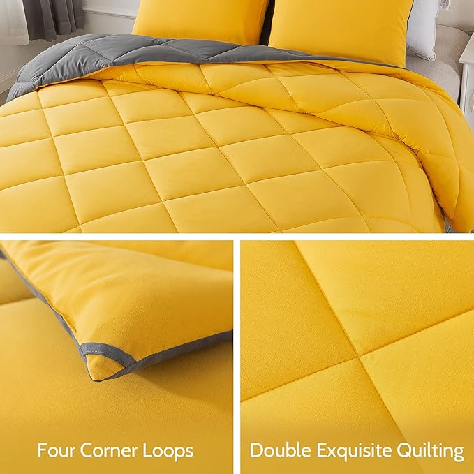 Decroom Lightweight Queen Comforter Set with 2 Pillow Sham - 3 Pieces Set - Quilted Down Alternative Comforter/Duvet Insert for All Season - Yellow/Grey - Queen Size
