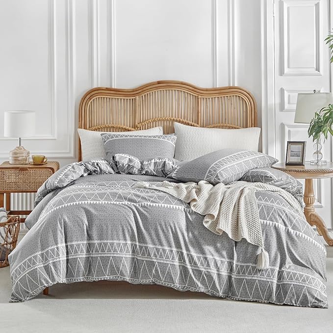 Lekesky Boho Grey Duvet Cover Full Size, 3pc Ultra Soft 100% Washed Microfiber Breathable Bedding Duvet Cover Set Full with Zipper Ties (1 Comforter Cover 80x90 +2 Pillow Cases)