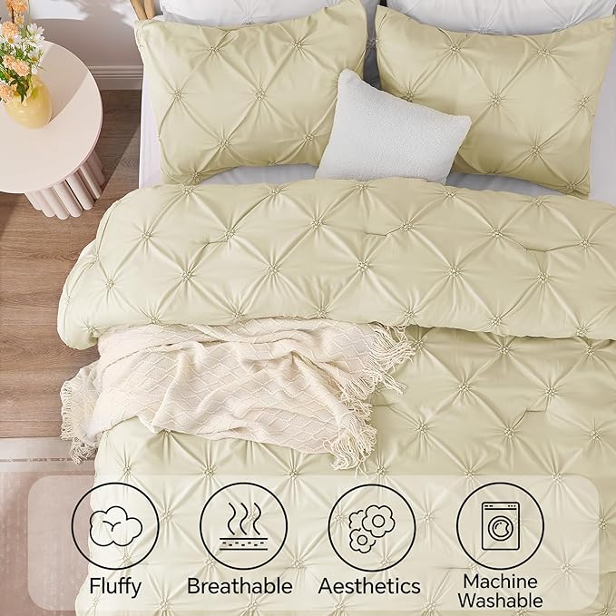 BEDELITE Beige King Size Comforter Set - 3 Pieces Boho Pintuck Bedding Comforter Sets, Lightweight Soft & Warm King Bedding Set with 2 Pillowcases for All Season