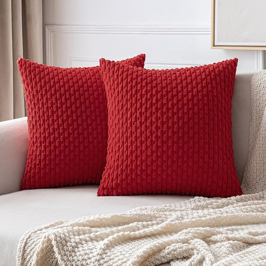 MIULEE Red Throw Pillow Covers Soft Corduroy Decorative Set of 2 Boho Striped Pillow Covers Pillowcases Farmhouse Home Decor for Couch Bed Sofa Living Room 20x20 Inch