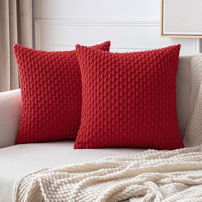 MIULEE Red Throw Pillow Covers Soft Corduroy Decorative Set of 2 Boho Striped Pillow Covers Pillowcases Farmhouse Home Decor for Couch Bed Sofa Living Room 18x18 Inch