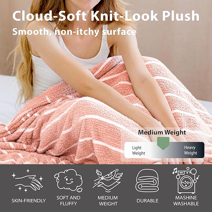 DEZ FURNISHINGS Oversized Cozy Knit Look Cloud-Soft Plush Printed Fleece Throw Blanket, Lightweight & Breathable, Queen (90" x 90"), Peach Pink Stripe