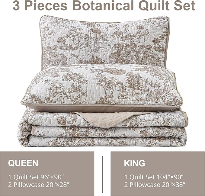WONGS BEDDING Botanical Quilt Set King, Floral 3 Pieces Khaki Plants Printed Bedspread Bedding Set Brown Soft Lightweight Microfiber Coverlet Set for All Season (104"x90")