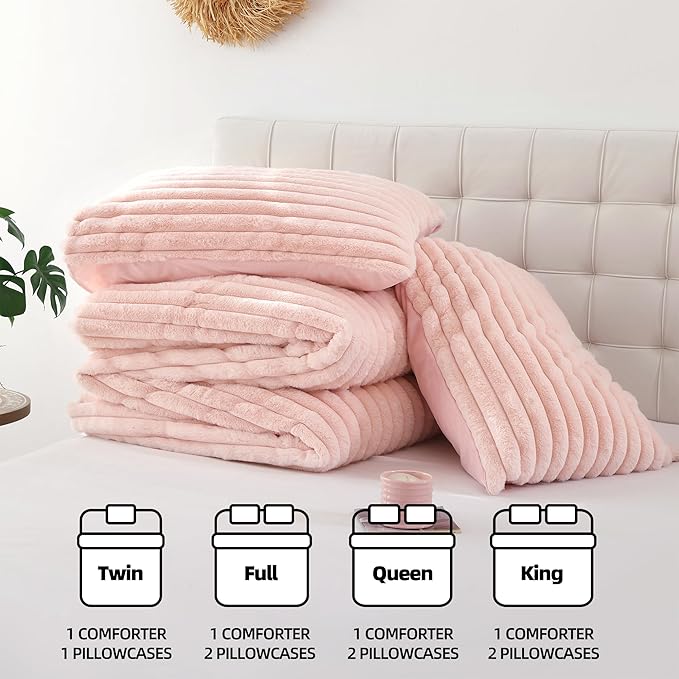 Smoofy Fluffy Full Size Comforter Sets 3 Pieces - Blush Pink Fleece Fluffy Comforter Set, Luxury Fuzzy Full Bed Set, Soft Comforter Full Size All Season, Heavy Faux Fur Comforter with 2 Pillow Cases