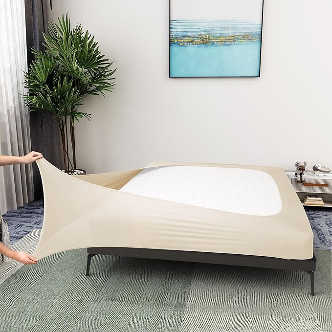 Box Spring Cover Twin/Twin XL Size - Jersey Knit & Stretchy Wrap Around 4 Sides Bed Skirt for Hotel & Home, Beige