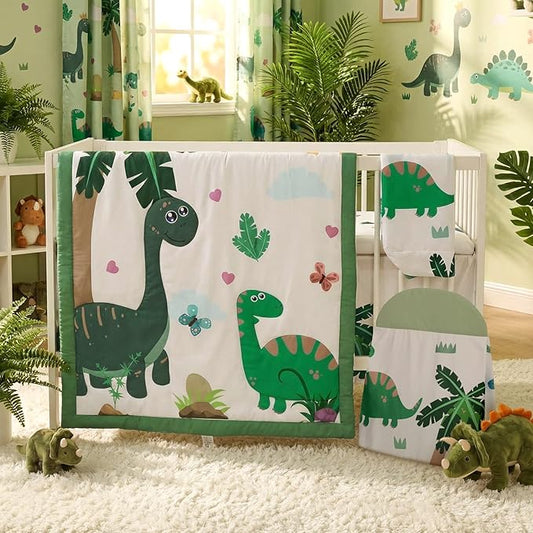 Oudain 4 Piece Dinosaurs Crib Bedding Set Including Green Blue Dinosaurs Crib Skirt, Blanket, Sheet and Diaper Stacker, Soft Nursery Standard Size Baby Bedding for Baby Girls and Boys