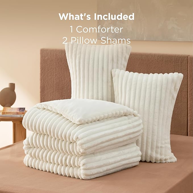 Bedsure King Size Comforter Set - GentleSoft™ 3 Pieces Fluffy Double-Side Fleece Comforter Set, Cozy Striped Room Decor Aesthetic, Luxury White King Bedding with 2 Pillowcases, 104x90 Inches