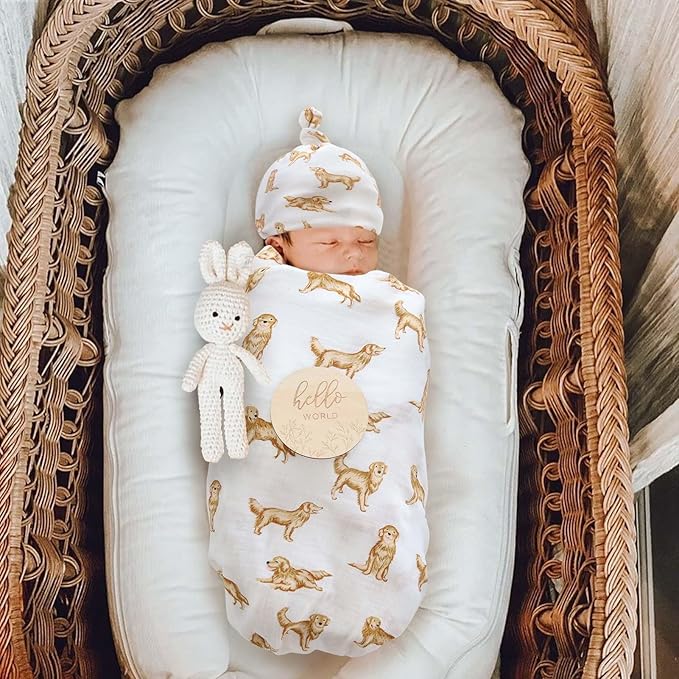 LifeTree Muslin Swaddle Blankets, Muslin Baby Boy Swaddle Blanket and Hat Set with Birth Announcement Card, Newborn Unisex Neutral Receiving Blankets Golden Retriever Pattern