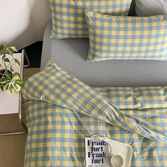 mixinni Plaid Duvet Cover Set Twin Yellow - Soft Washed Cotton Modern Geometric Bedding Set with 2 Pillowcases, Blue Green Gingham Grid Twin Duvet Cover for Men & Women, Soft & Lightweight