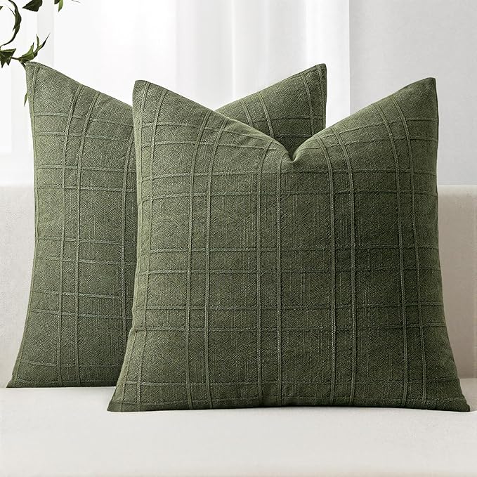 MIULEE Decorative Linen Check Euro Shams Throw Pillow Covers Neutral Farmhouse Vintage Spring Pillow Covers 24x24 Set of 2 Boho Modern Home Decor for Sofa Couch Bedroom Cushion Dark Olive Green