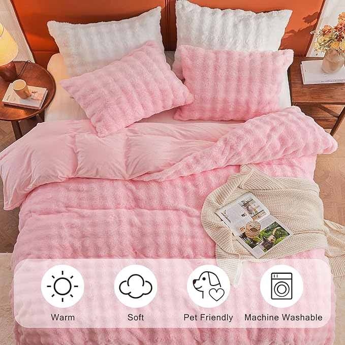 EMME Faux Fur Duvet Cover King Size, 3 Pieces Ultra Soft Fluffy Comforter Cover, Cozy Warm for Winter, Luxury Elegant Shaggy Bubble Design Bedding, 1 Duvet Cover & 2 Pillow Shams (King, Pink)