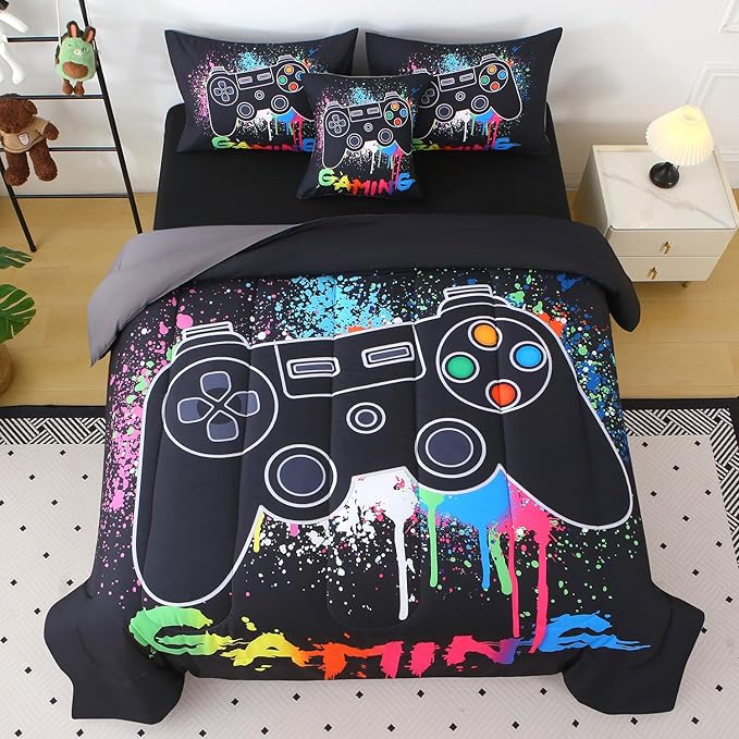 JQinHome Queen Gamer Comforter Sets for Boys,6 Piece Bed in A Bag 3D Video Gamer Bedding -All Season Microfiber Gaming Bedding Set for Kids, with Sheet Sets (Black Gaming)