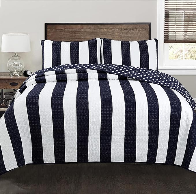 Cozy Line Home Fashions Sailor Popeye 's Bedding Quilt Set, Nautical Navy Blue White Star Striped 100% Cotton Reversible Coverlet Bedspread for Kids Boy (Sailor Star, Queen - 3 Piece)
