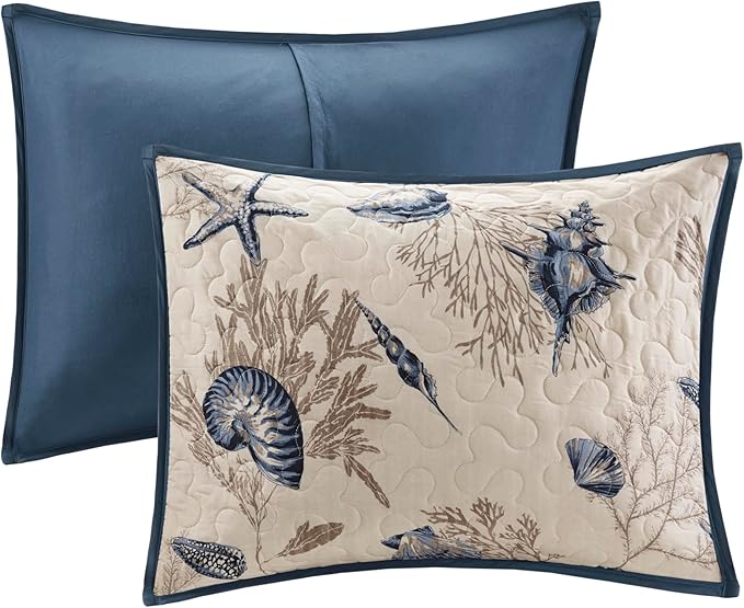 Madison Park Quilt Set Cottage Coastal Design, Starfish Print - All Season, Coverlet Bedspread Lightweight Bedding Layer, Shams, Toss Pillows, Full/Queen(90"x90"), Bayside Blue/Ivory 6 Piece