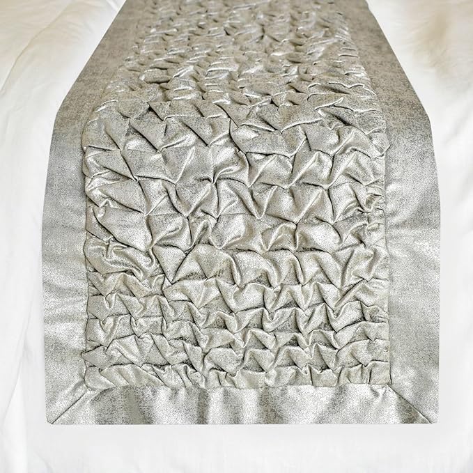 The HomeCentric King/Queen/Twin Silver Decorative Bed Runner CA King 86"x18" Bed Runner with Two Pillow Cover, Foil, Knotted,Textured Bed Scarf on Jacquard Fabric - Polished Silver