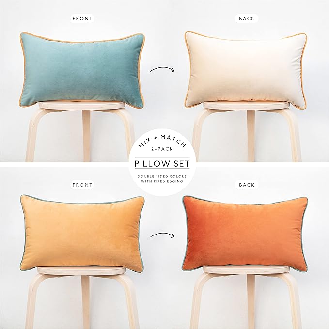 MONDAY MOOSE Decorative Throw Pillow Covers Cushion Cases, Set of 2 Soft Velvet Modern Double-Sided Designs, Mix and Match for Home Decor, Pillow Inserts Not Included (12x20 inch, Orange/Teal)