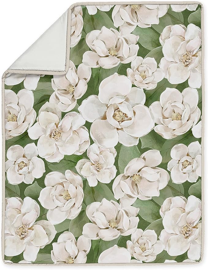 Sweet Jojo Designs Sage Green Boho Flower Floral Girl Baby Crib Bedding Set Infant Nursery Room Blanket Fitted Sheet Skirt Ivory Shabby Chic Bohemian Watercolor Garden Nature Modern Beige Fringe 4pc