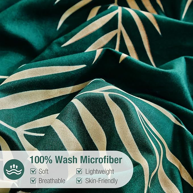Lekesky Queen Duvet Cover Set, Green and Gold Tropical Palm Leaf Pattern Comforter Cover Queen Size, 3 Pieces Soft Microfiber Bedding Sets with Zipper & 2 Pillowcases, Green
